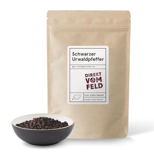 Direkt vom Feld® Schwarzer Urwaldpfeffer aus Wayanad | BIO, ganz | 250g Jahresvorrat von Direkt vom Feld