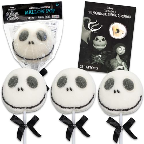 3 Disney Nightmare Before Christmas Marshmallow-Pops – Jack-Skellington-Halloween-Süßigkeiten-Partyzubehör, Deko-Bündel, einzeln verpackt, zuckerbeschichtete Marshmallows (je 30 g) + Tattoos von Disney