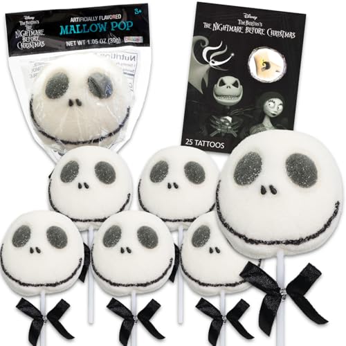 Disney Nightmare Before Christmas Marshmallow-Pops – Jack-Skellington-Halloween-Süßigkeiten-Partyzubehör, Deko-Bündel, einzeln verpackt, zuckerbeschichtete Marshmallows (je 30 ml) + Tattoos, 6 Stück von Disney