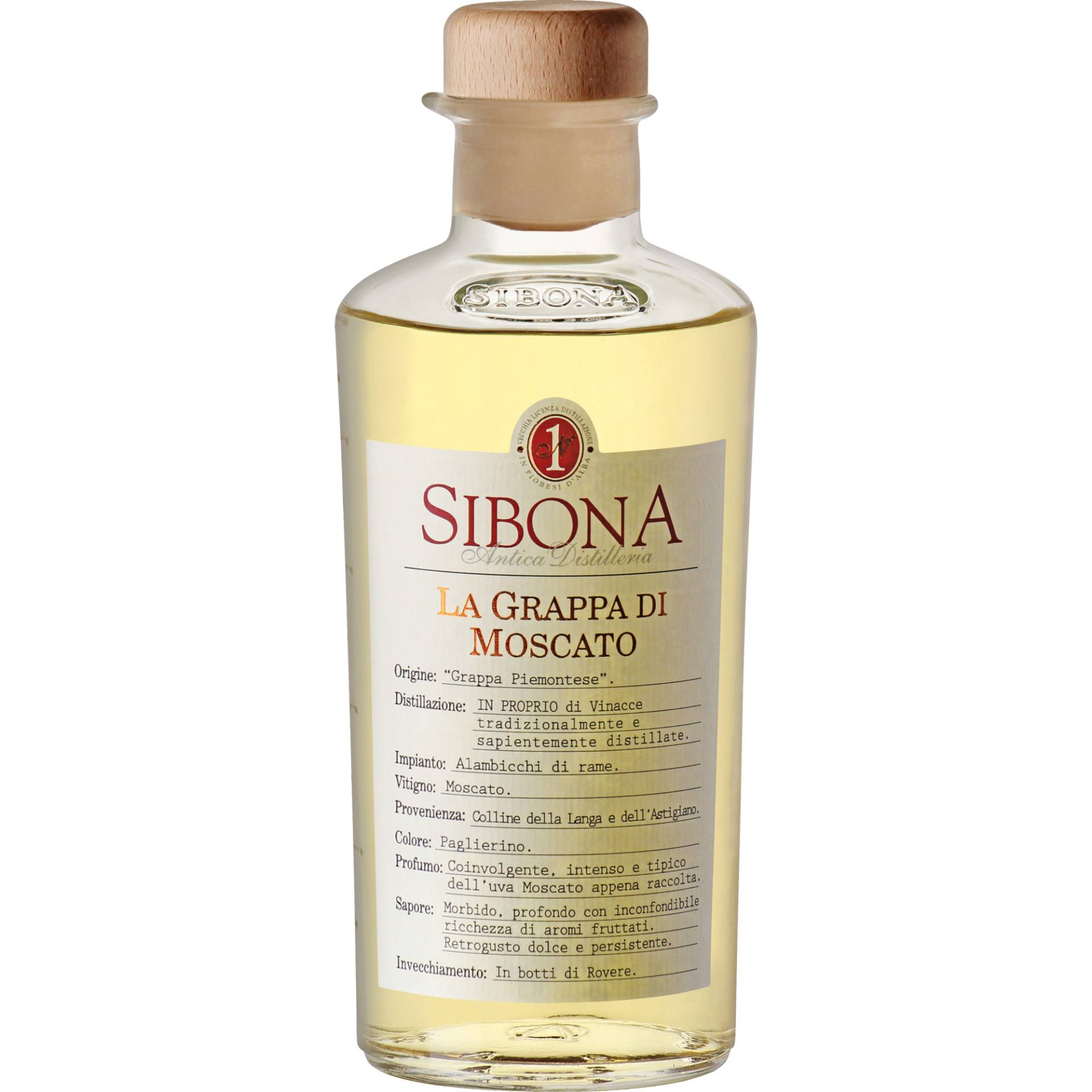 Sibona Grappa di Moscato, Italien, 0,5 L, 40% Vol., Piemont, Spirituosen von Distilleria Sibona SPA, Via Castellero 5 I-12040 Piobesi d'Alba (CN)