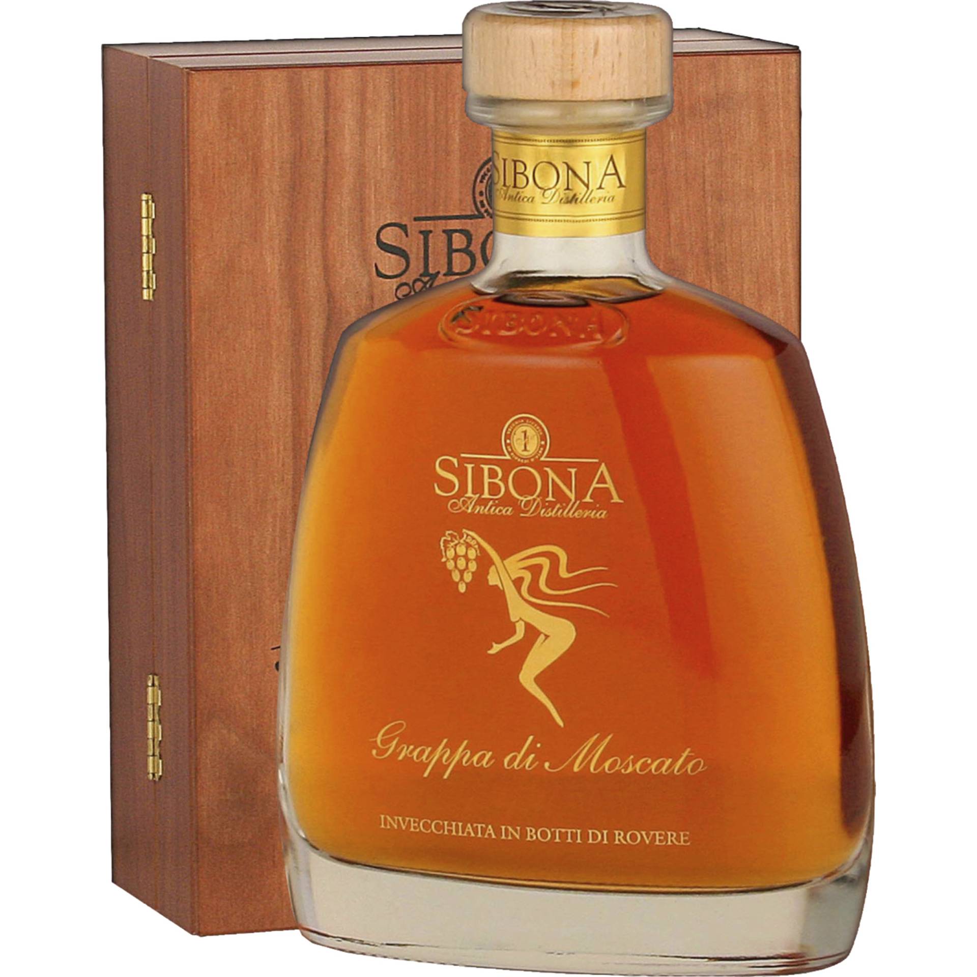 Sibona Grappa di Moscato Invecchiata, Italien, 0,7 L, 44% Vol., in Holzetui, Piemont, Spirituosen von Distilleria Sibona SPA, Via Castellero 5 I-12040 Piobesi d'Alba (CN)