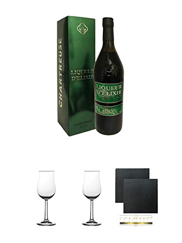 Chartreuse 1605 aus Frankreich 0,7 Liter + 2 Bugatti Nosing Gläser mit Eichstrich 2cl und 4cl + 2 Schiefer Glasuntersetzer eckig ca. 9,5 cm Ø von Diverse