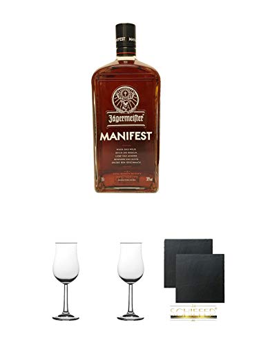 Jägermeister Manifest Limitiert 1,0 Liter + 2 Bugatti Nosing Gläser mit Eichstrich 2cl und 4cl + 2 Schiefer Glasuntersetzer eckig ca. 9,5 cm Ø von Diverse