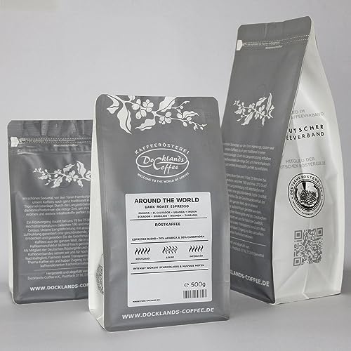 Around the World | Dark Roast Espresso Blend 70/30 Farbe fein gemahlen, Größe 500g von Docklands-Coffee