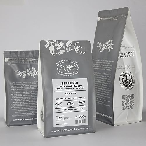 Espresso Puro Arabica BIO Farbe fein gemahlen, Größe 500g von Docklands-Coffee