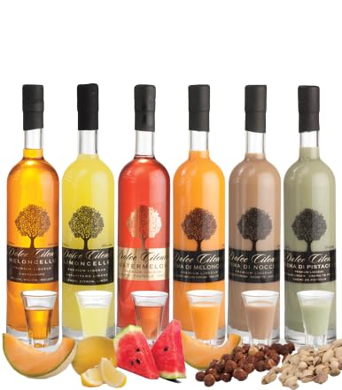 Fruchtlikör-Set (6x Packung) Dolce Cilento Bundle Meloncello-Likör, Limoncello-Creme, Wassermelonen-Likör, Meloncello-Creme, Haselnuss-Creme & Pistazien-Creme (700ML x 6 Packungen) von Dolce Cilento