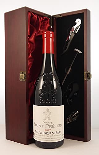 Chateauneuf du Pape 2017 Domaine Saint Prefert in einer mit Seide ausgestatetten Geschenkbox, da zu 4 Weinaccessoires, 1 x 750ml von Domaine Saint Prefert