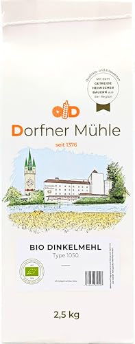 Bio Dinkelmehl Type 1050 - Traditionelles Brotmehl aus Bayern für Dinkelbrote und -brötchen - 100% Dinkel aus biologischem Anbau ohne Zusätze (2.5kg) von Dorfner Mühle