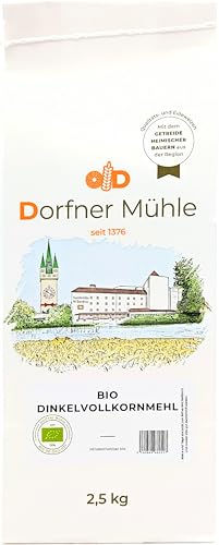 Bio Dinkelvollkornmehl [2,5kg] - Fein vermahlenes Vollkornmehl aus Bayern aus dem ganzen Dinkelkorn für (Vollkorn) Brote und -brötchen - 100% Dinkel aus biologischem Anbau ohne Zusätze von Dorfner Mühle