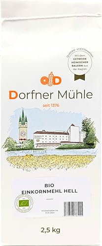 Bio Einkornmehl hell - Urkorn-Mehl aus Bayern für Mischbrote, Gebäck, Pfannkuchen und Waffeln. 100% Einkorn aus biologischem Anbau (2,5kg) von Dorfner Mühle