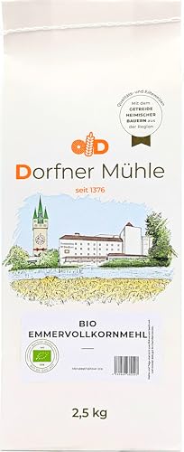 Bio Emmer Vollkornmehl - Fein vermahlenes Urkorn-Mehl aus dem ganzen Korn als Ersatz für Weizen - 100% Emmer aus biologischem Anbau (2.5kg) von Dorfner Mühle