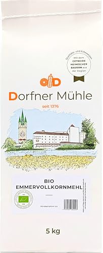 Bio Emmer Vollkornmehl [5kg] - Fein vermahlenes Urkorn-Mehl aus dem ganzen Korn als Ersatz für Weizen - 100% Emmer aus biologischem Anbau von Dorfner Mühle