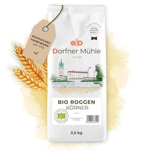 Bio Roggen Körner - sorgfältig gereinigte Roggenkörner aus Bayern - 100% Roggen aus kontrolliert biologischem Anbau ohne Zusätze (2,5kg) von Dorfner Mühle