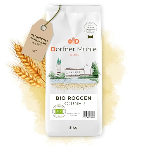 Bio Roggen Körner - sorgfältig gereinigte Roggenkörner aus Bayern - 100% Roggen aus kontrolliert biologischem Anbau ohne Zusätze (5kg) von Dorfner Mühle