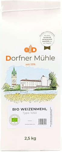 Bio Weizenmehl Type 1050 [2,5kg] - Dunkles Weizenmehl für rustikale Brote, Brötchen und pikantes Gebäck - 100% Weizen aus biologischem Anbau ohne Zusätze von Dorfner Mühle