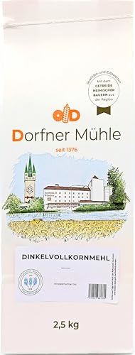 Dinkelvollkornmehl [2,5kg] - Vollkornmehl aus Bayern aus dem ganzen Dinkelkorn - 100% Dinkel ohne Zusätze von Dorfner Mühle