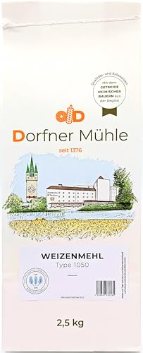 Weizenmehl Type 1050 [2,5kg] - Dunkles Weizenmehl für rustikale Brote, Brötchen und pikantes Gebäck - 100% Weizen ohne Zusätze (2,5kg) von Dorfner Mühle