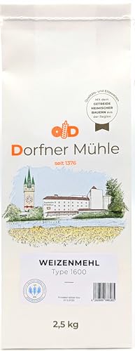 Weizenmehl Type 1600 - Sehr dunkles Weizenmehl aus Bayern für rustikale Brote, Brötchen, Quiche und herzhafte Backwaren - 100% Weizen ohne Zusätze (2,5kg) von Dorfner Mühle