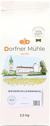 Weizenvollkornmehl - Fein vermahlenes Vollkornmehl für (Vollkorn-) Brote und Brötchen - 100% Weizen ohne Zusätze (2.5, Kilogramm) von Dorfner Mühle