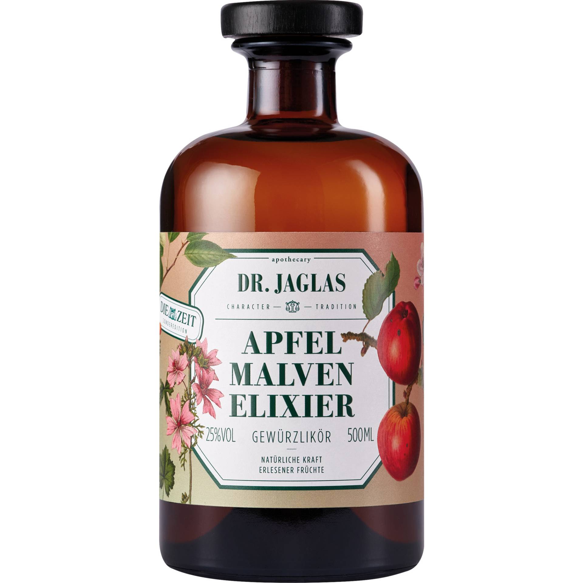 Dr. Jaglas Apfel-Malven Elixier, Dessertlikör 25 % vol. 0,5 L, Spirituosen von Dr. Jaglas, Choriner Strasse 40, D - 10435 Berlin