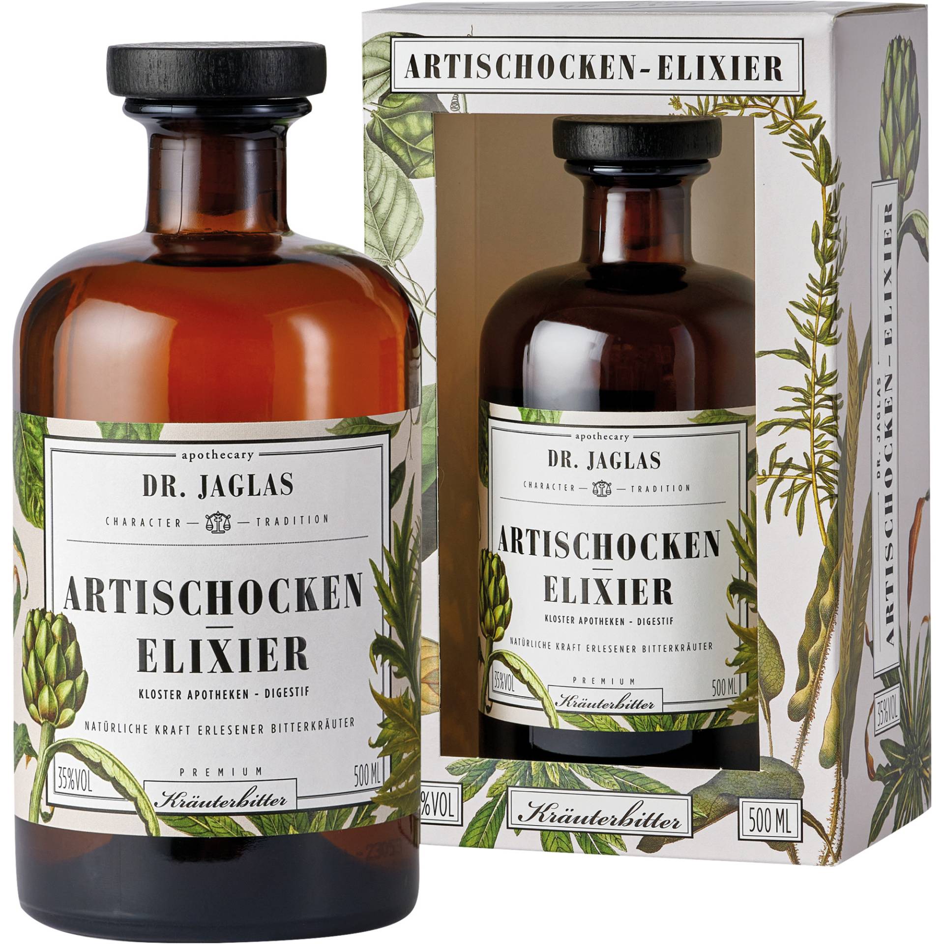 Dr. Jaglas Artischocken Elixier, Kräuterbitter 35 % vol. 0,5 L, Spirituosen von Dr. Jaglas, Choriner Strasse 40, D - 10435 Berlin