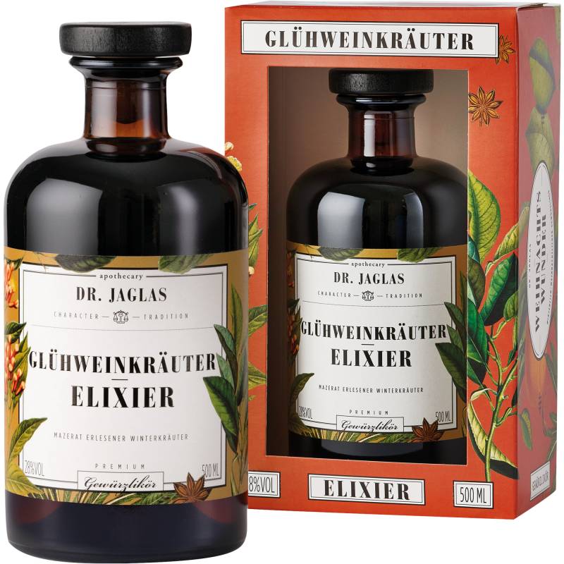 Dr. Jaglas Glühweinkräuter Elixier, Kräuterbitter 28 % vol. 0,5 L, Spirituosen von Dr. Jaglas, Choriner Strasse 40, D - 10435 Berlin