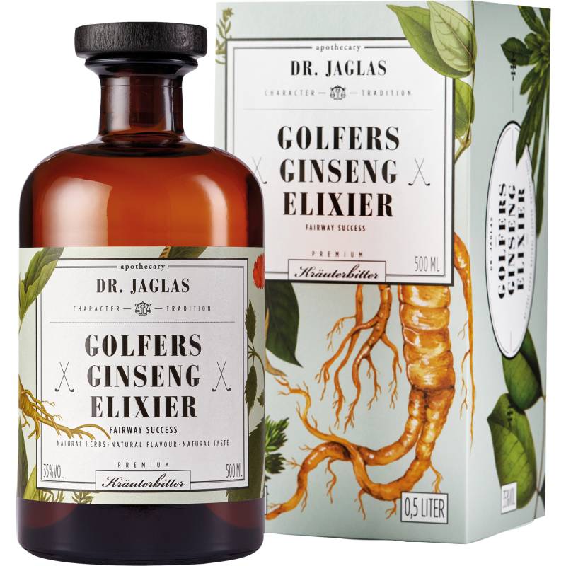 Dr. Jaglas Golfers Ginseng Elixier, Kräuterbitter 35 % vol. 0,5 L, Spirituosen von Dr. Jaglas, Choriner Strasse 40, D - 10435 Berlin