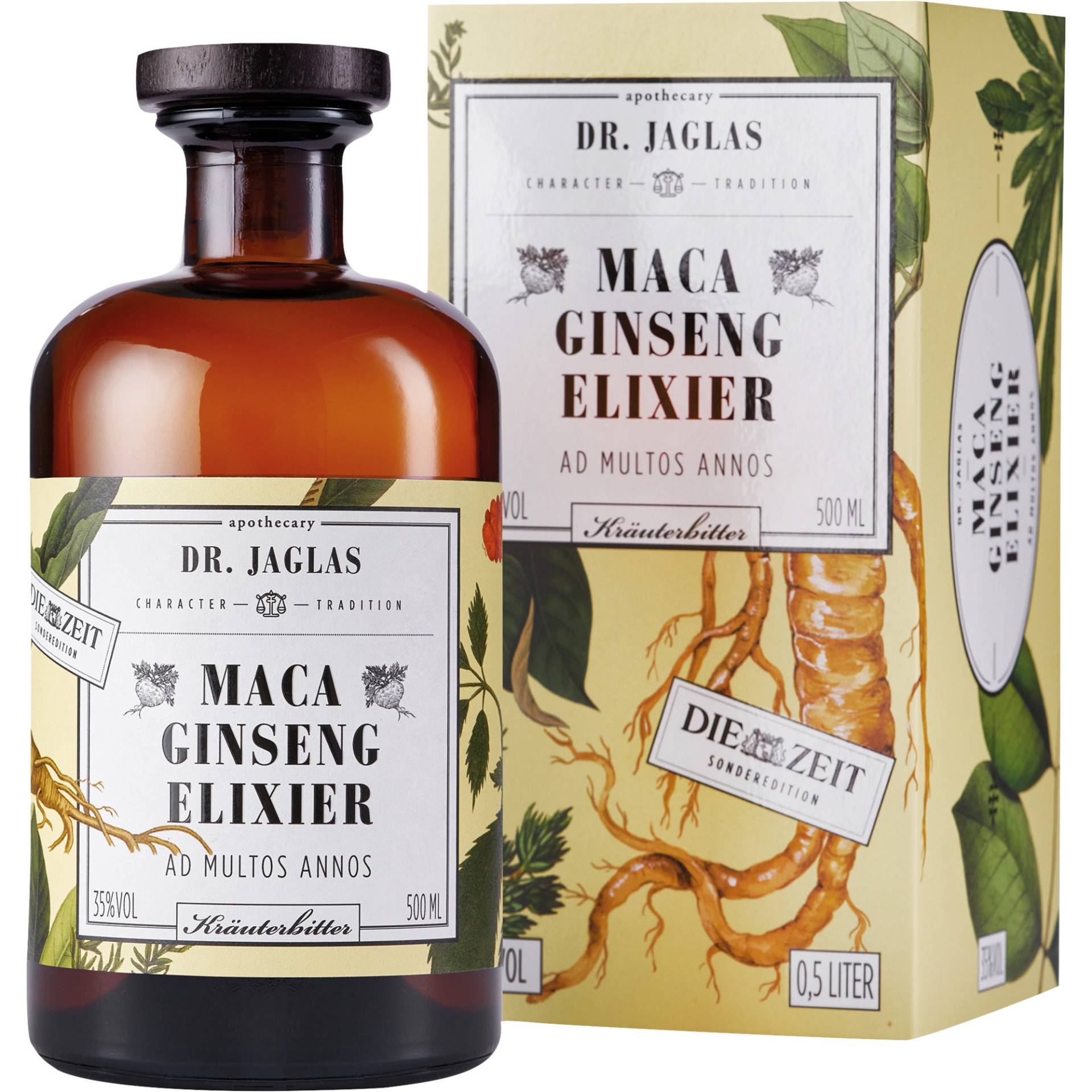 Dr. Jaglas Maca Ginseng Elixier, Kräuterbitter 35 % vol. 0,5 L, Spirituosen von Dr. Jaglas, Choriner Strasse 40, D - 10435 Berlin