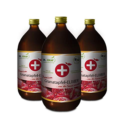 Bio Granatapfel Elixier (3x500 ml) – Direktsaft aus reifen Granatapfelfrüchten, unverfälscht, ohne Zucker oder andere Zusätze. Deutsche Herstellung von Dr. Jokar