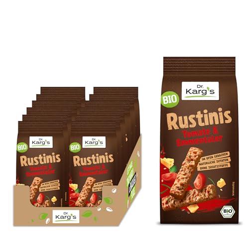 Dr. Karg’s BIO Rustinis Vollkorn-Knabberei Tomate & Emmentaler - knusprig, vegetarisch, Vollkorn Knuspergebäck, fruchtigen Tomaten & würzigem Emmentaler, ofengebacken, ohne Zusatzstoffe, 12x125g von Dr Karg