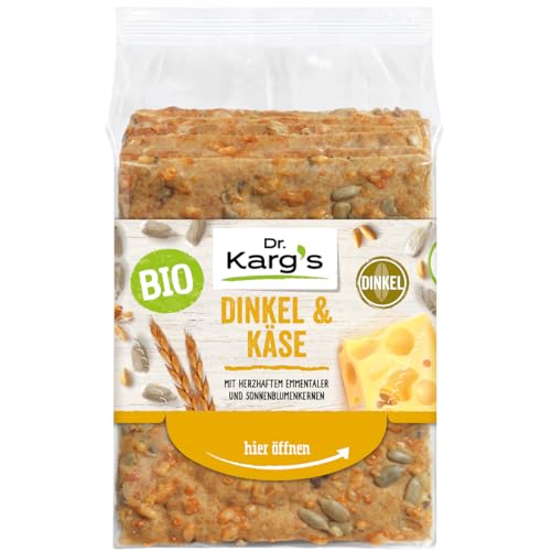 Dr. Karg’s BIO Knäckebrot Dinkel & Käse - knusprig, vegetarisch, mit Emmentaler & Sonnenblumenkernen, reich an Ballaststoffen, Dinkelvollkorn & ohne Zusatzstoffe, 10x200g von Dr Karg