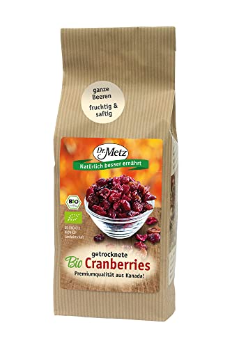 Bio Cranberries, getrocknet, mit Apfelsaft gesüßt, 200 g • Bio Cranberries aus Kanada • ganze Beeren, nicht geschnitten • aus biologischer Landwirtschaft von Dr. Metz