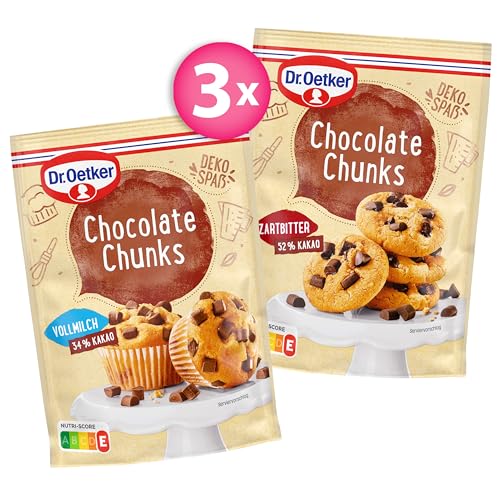 Dr. Oetker Chocolate Chunks Vollmilch & Zartbitter 6er Set, Vollmilchschokoladenstückchen & Zartbitterschokoladenstückchen zum Backen oder als leckeres Topping für Muffins, Kuchen und Desserts von Dr. Oetker