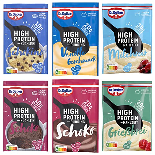 Dr. Oetker High Protein Probier-Set, 12er Pack, Kuchenmischung Küchlein Schoko & Schokino, Mahlzeit Milchreis & Grießbrei, Pudding-Pulver Schoko & Vanille-Geschmack von Dr. Oetker