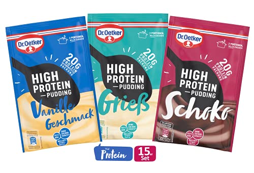 Dr. Oetker High Protein Pudding-Pulver im 15er Probier-Set – Cremepuddinge fettarm, ohne Zuckerzusatz und ballasstoffreich, in den Sorten Grieß, Schoko und Vanille von Dr. Oetker