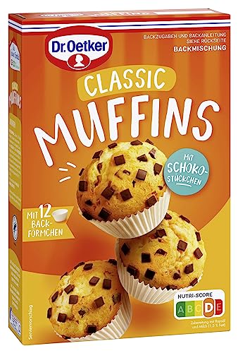 Dr. Oetker Muffins, 370 g, Backmischung für klassischen Rührteig mit Schokostückchen zum Zubereiten von 12 saftigen Muffins, inkl. Papierbackförmchen von Dr. Oetker