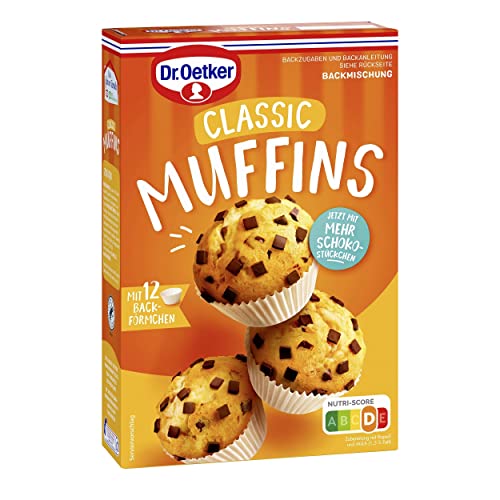 Dr. Oetker Muffins, 370g, Backmischung für klassischen Rührteig mit Schokostückchen zum Zubereiten von 12 saftigen Muffins, inkl. Papierbackförmchen von Dr. Oetker