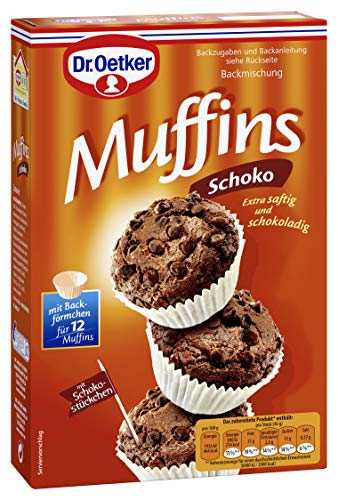 Dr. Oetker Muffins Schoko, 335 g, Backmischung für Rührteig mit Schokotropfen, zum Zubereiten von 12 schokoladigen Muffins, inkl. Papierbackförmchen von Dr. Oetker