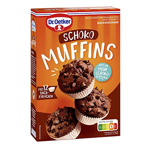 Dr. Oetker Muffins Schoko, 4er Pack (4 x 345 g), Backmischung für Rührteig mit Schokotropfen, zum Zubereiten von 12 schokoladigen Muffins, inkl. Papierbackförmchen von Dr. Oetker