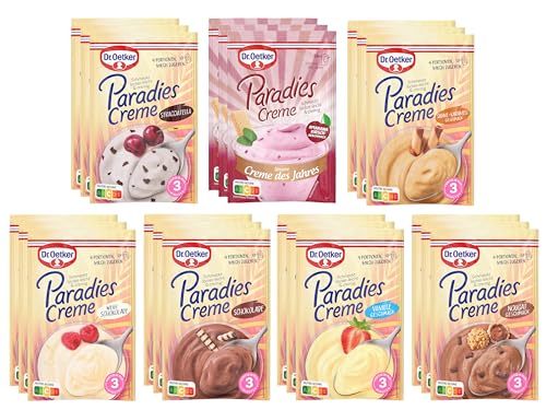 Dr. Oetker Paradies Creme im 21er Probier-Set Cremiges Dessert ohne Kochen, in unseren Sorten Vanille, Schokolade, Stracciatella, Nougat, Weiße Schokolade, Sahne-Karamell und Amarena Kirsch von Dr. Oetker