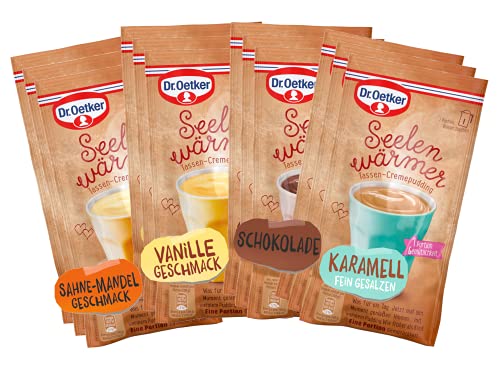 Dr. Oetker Seelenwärmer im praktischen 12er Probier-Set – der Tassenpudding in den bewährten Geschmacksrichtungen Schokolade, Vanille, Sahne-Mandel und Karamell von Dr. Oetker