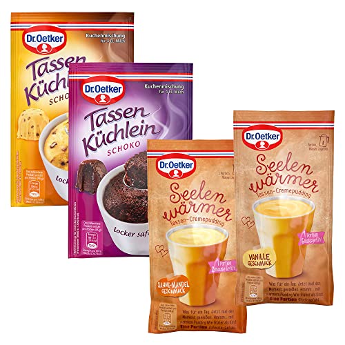 Dr. Oetker Tassen Probier-Set im 16er Pack – Tassenküchlein Schoko & Schokino, Tassenpudding Seelenwärmer Vanille & Sahne-Mandel von Dr. Oetker