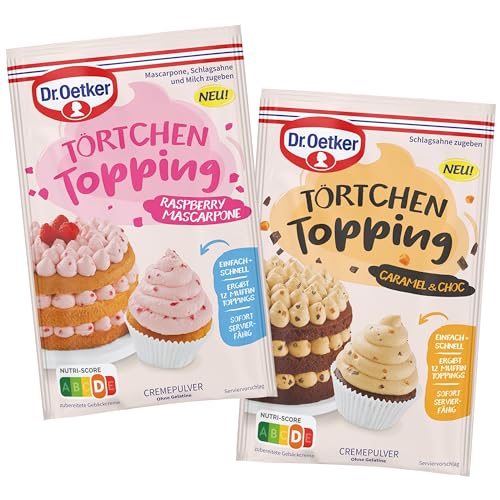 Dr. Oetker Törtchen Topping 8er Probier-Set, 4 x Törtchen Topping Caramel und Choc & 4 x Törten Topping Raspberry Mascarpone Cremepulver für Torten, um eine leckere Tortencreme zuzubereiten von Dr. Oetker