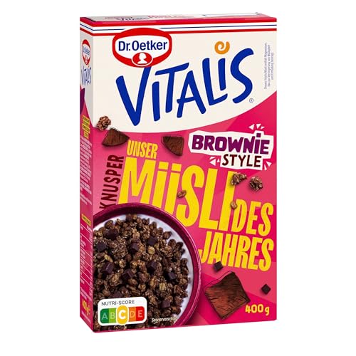 Dr. Oetker Vitalis Knusper Brownie Style Müsli 4er Pack Vitalis Müsli mit Vollkorn-Haferflocken, Brownie, Granola und fettarmem Kakao. Für Fans von schokoladigem Müsli von Dr. Oetker