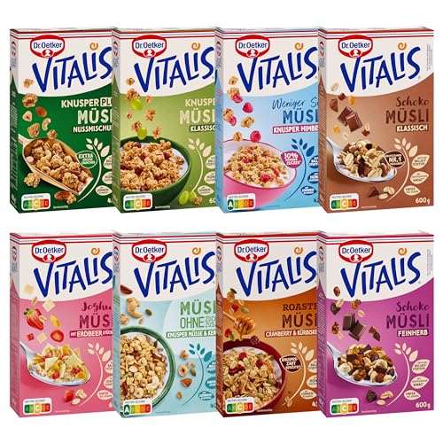 Dr. Oetker Vitalis Müsli Probier-Set, 8er Pack, Schoko klassisch, Weniger Süß, Knusper Klassisch, Knusper Plus, Schoko feinherb, Müsli ohne Zuckerzusatz, Roasted Müsli, Joghurt Müsli von Dr. Oetker