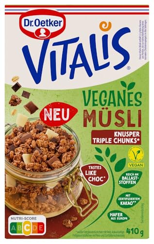 Dr. Oetker Vitalis Veganes Müsli Knusper Triple Chunks: Kakao Granola-Müsli mit veganen Chunks in 3 Sorten – ideal für Fans von Müsli mit Schoko-Geschmack, 5er Pack (5 x 410g) von Dr. Oetker