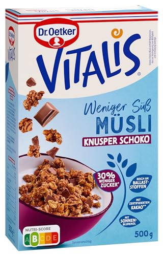 Dr. Oetker Vitalis Weniger Süß Knusper Schoko: Knuspermüsli mit 30% weniger Zucker, Schokostückchen und Mandeln, 5er Packung, (5 x 500g) von Dr. Oetker