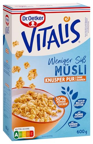 Dr. Oetker Vitalis Weniger süß Knusper Pur, Knuspermüsli mit 30% weniger Zucker, 5er Pack (5 x 600 g) von Dr. Oetker