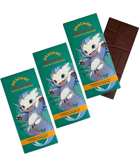 Drach-Oc Vegan Schokolade – Mellow Milk, 100% Pflanzlich, Nachhaltig & Fair Trade, Farm-to-Bar, Dragon Manga Sammelobjekt (120g, 3 Schokoladentafeln) von Drach-Oc