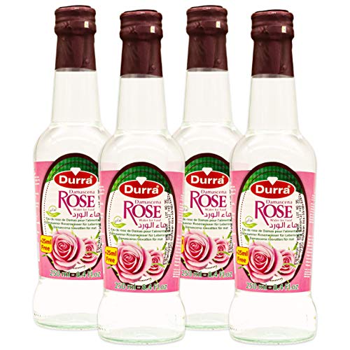 Durra - Rosenwasser ideal zum Backen und Kochen - Blütenwasser zum Aromatisieren von Süßspeisen, Backwaren und Getränken 250 ml + 25 ml Gratis im 4er Set (1100 ml) von Durra